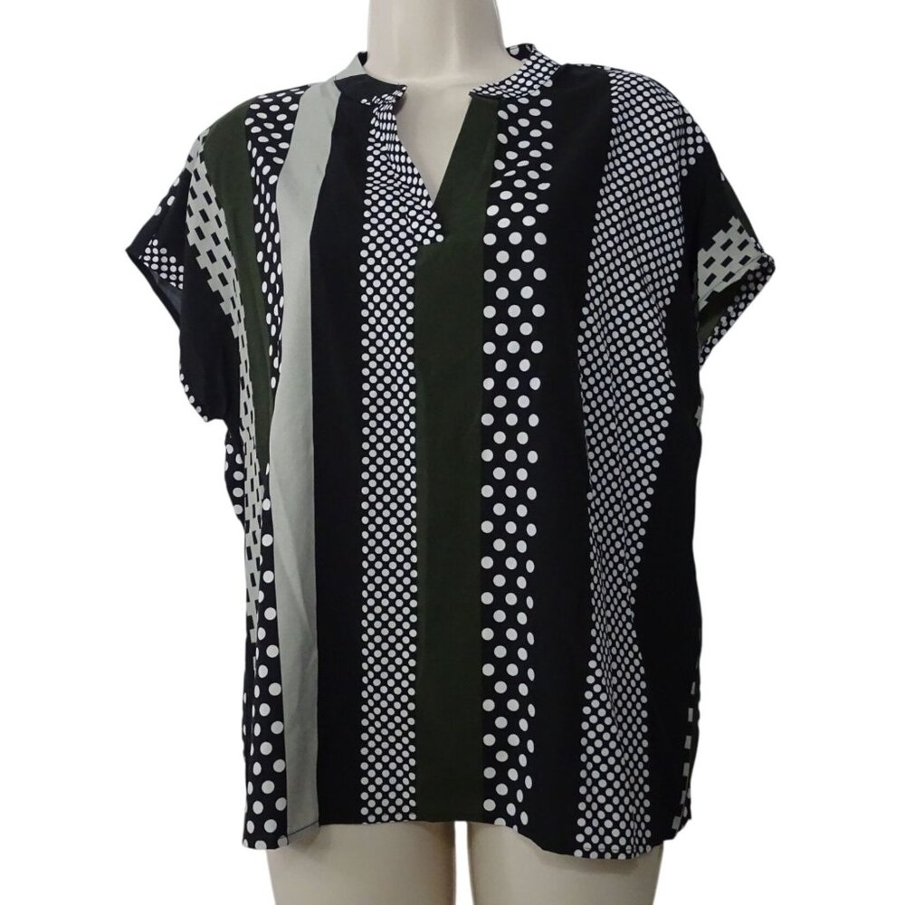 Shein Polka Dot Stripe Short Sleeve Top Women Size L 8 10 Black White Green